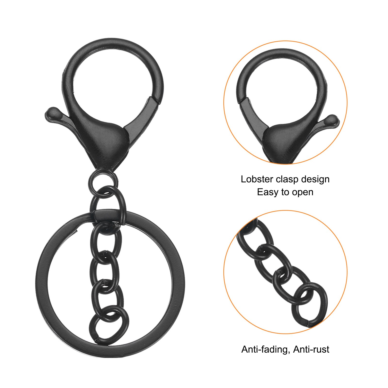 12Pcs Lobster Claw Clasp Keychain with Flat Split Keychain Ring Chain Black