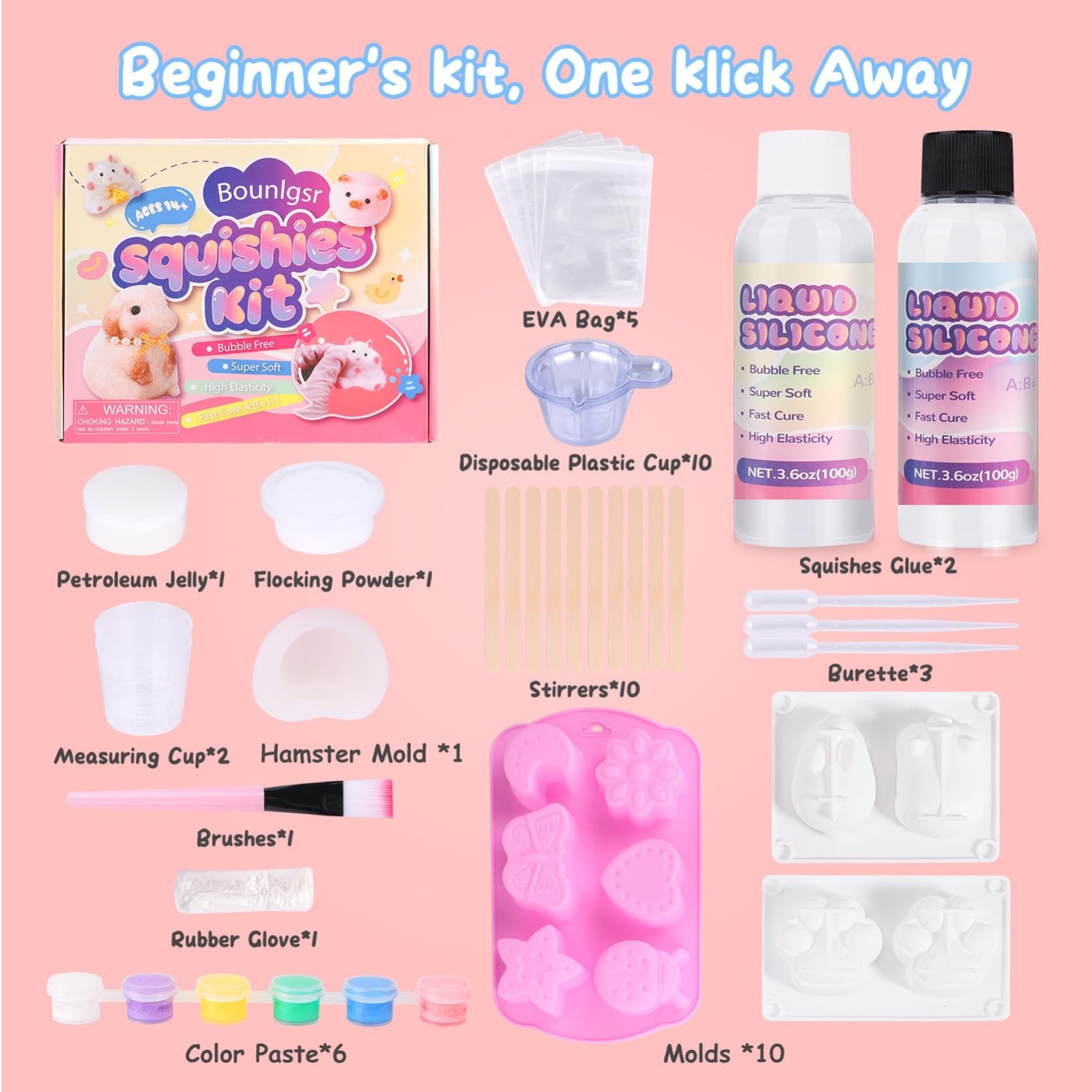 DIY Squishy Kit for Beginners – 7oz 1:1AB Gel, 10 Molds, Flocking Powder, Stress