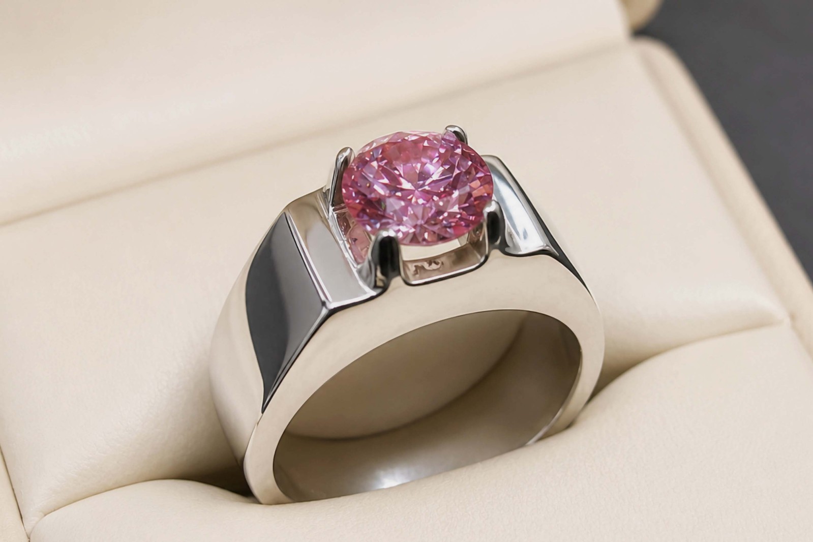 Round Cut 2 Carat Pink Moissanite Diamond 925 Sterling Silver Mens Plain Ring