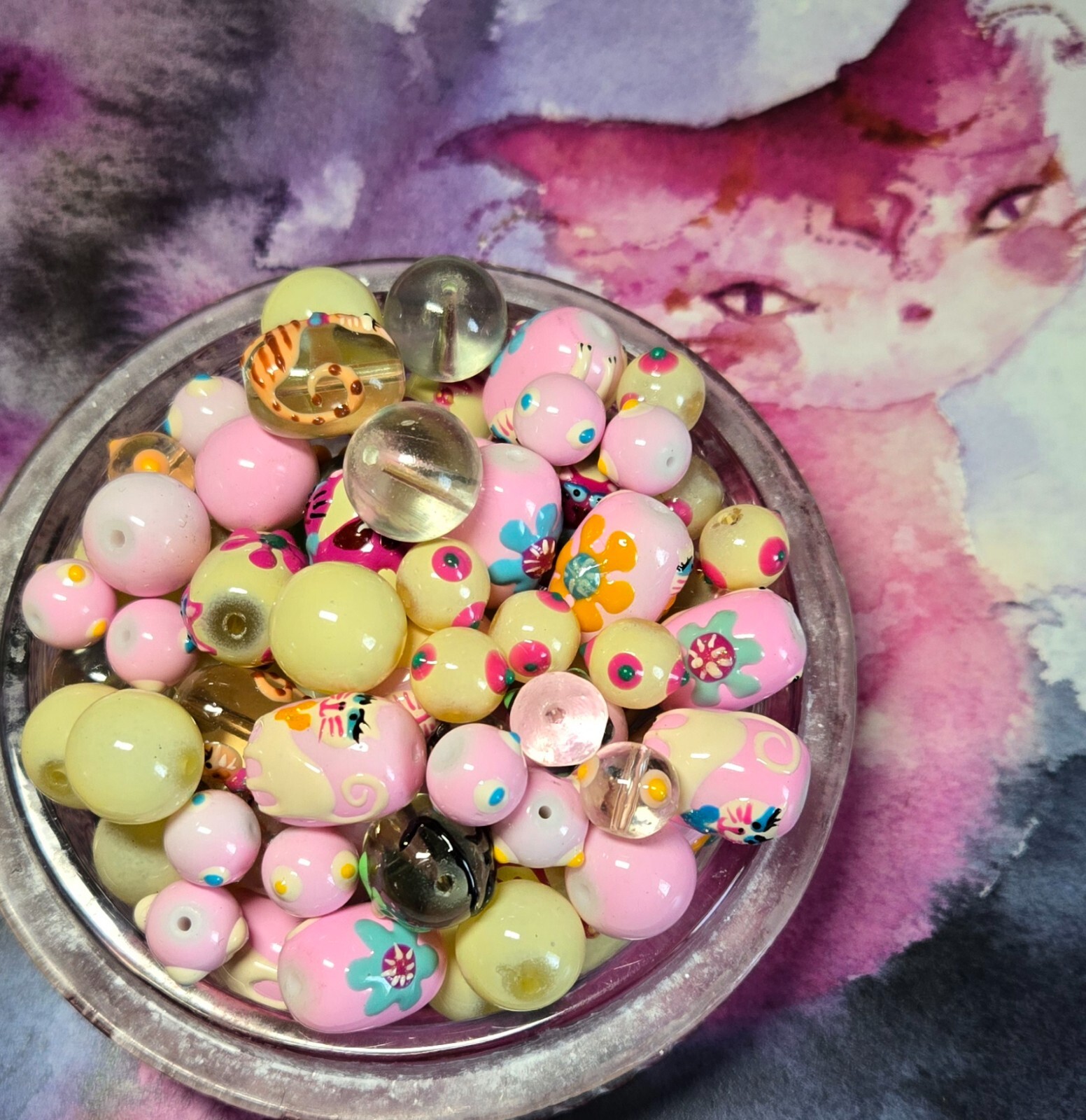 Glass Cat Beads Hand painted Cat Flower Pink Clear mix size 20 pcs DIY Jewelry