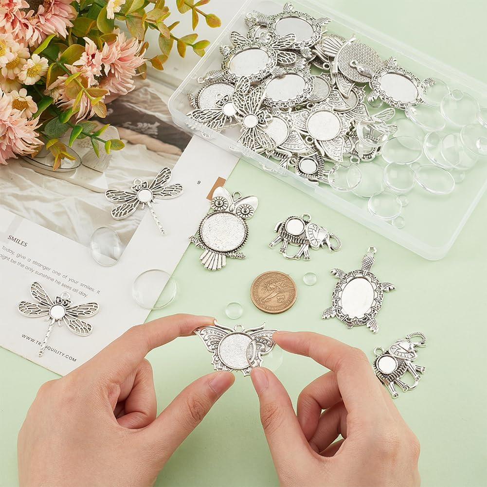 30Pcs 5 Styles Animal Photo Charms Blank Bezel Owl Pendant Trays Turtle Cabochon