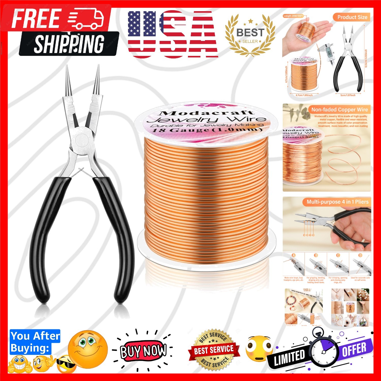 18 Gauge Copper Wire for Jewelry Making with 4 in 1 Plier, 65Ft/1mm Craft Bea…