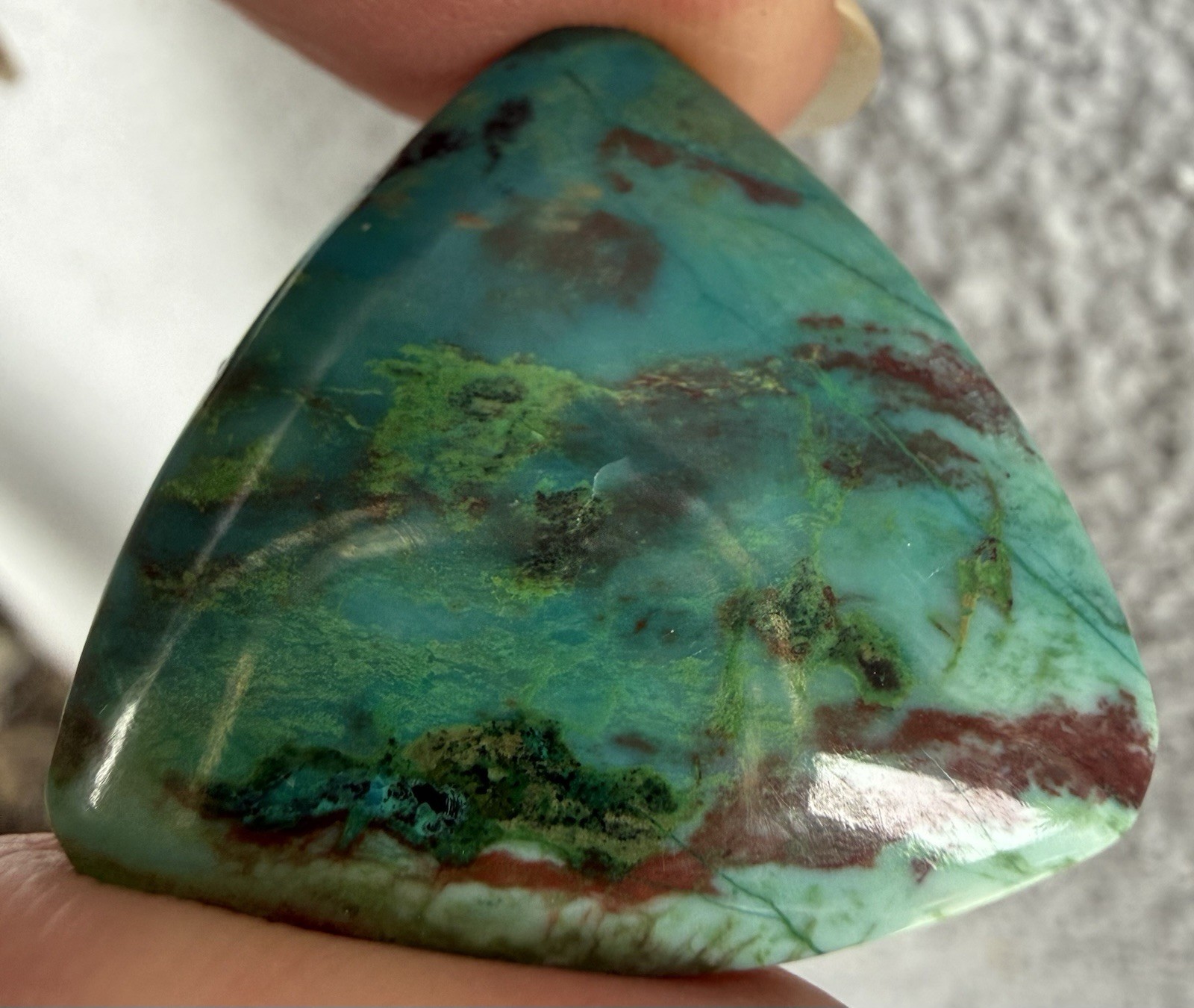 Parrot Wing Chrysocolla Cab. 1 1/8”x1 1/16”x1/8”, 0.3oz. Polished all sides.