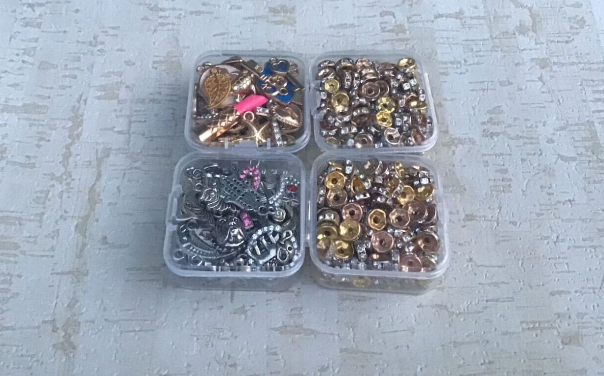 Set of 50 Alloy Silver or Gold Charms, Set of 200 Rhinestone Jewelry Spacers