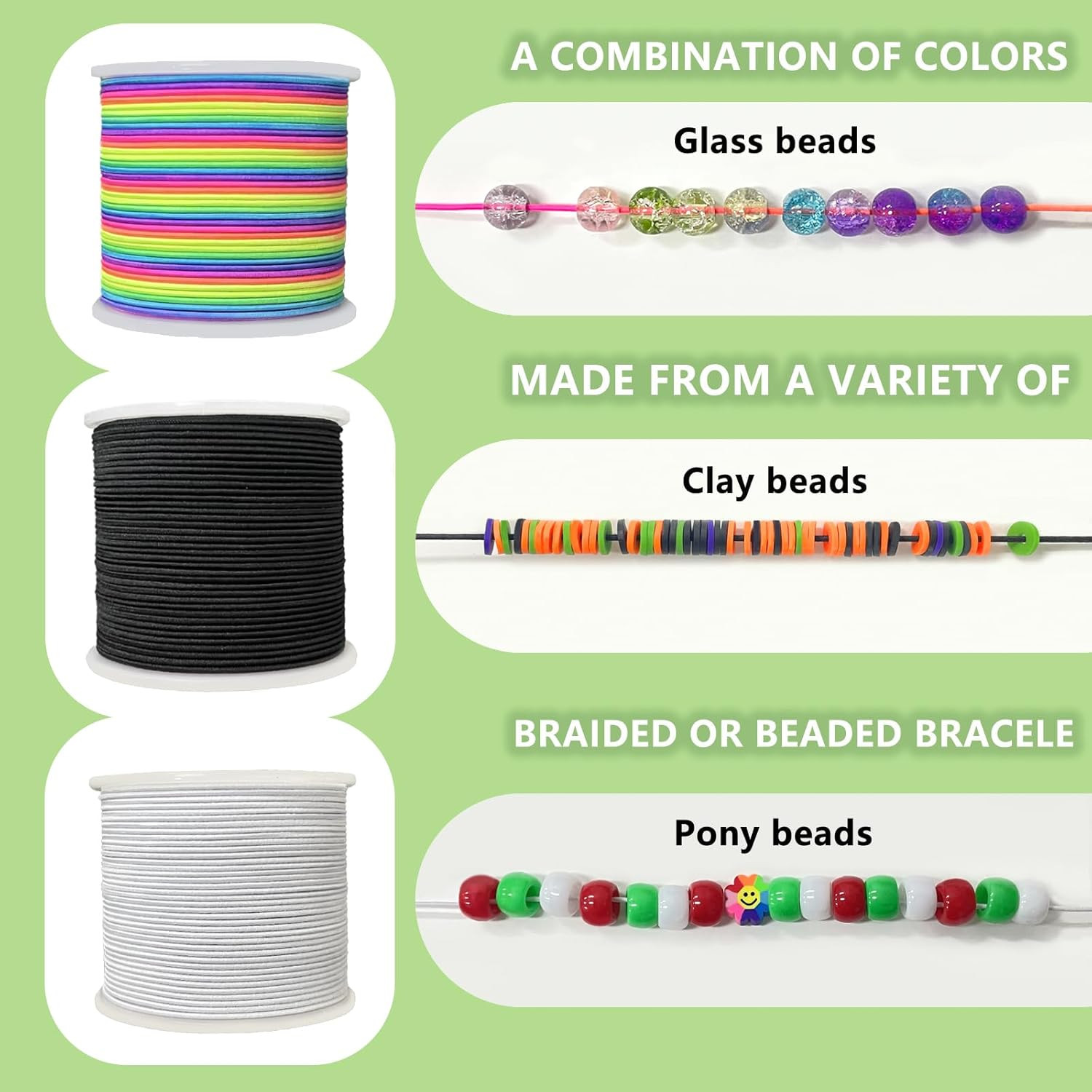 3 Rolls 1.0 mm 255 Feet Rainbow/White/Black Elastic Bracelet Stretchy String Cor