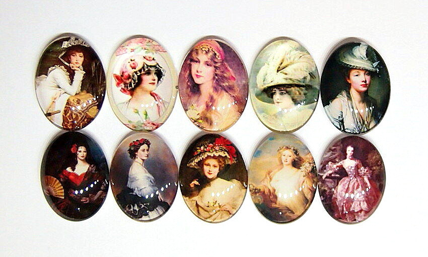 10 Vibrant Colors of 40x30mm Glass Vintage Victorian Art Deco Women Cameos Nice