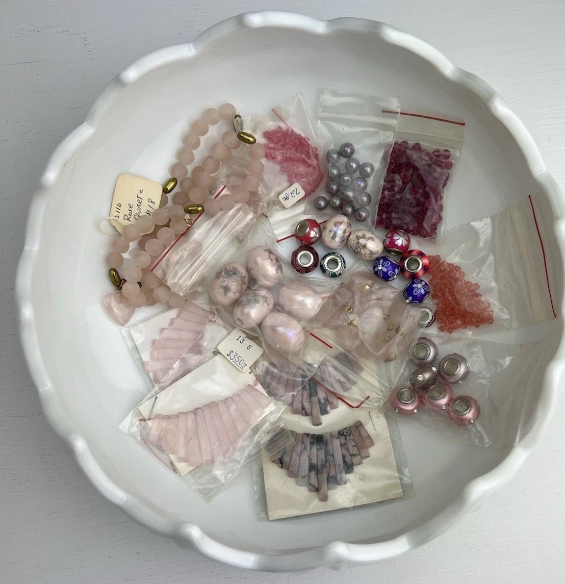 VTG Pink Purple Stone Beads Ceramic Rose Quartz Art Deco Bib Collar Necklace LOT