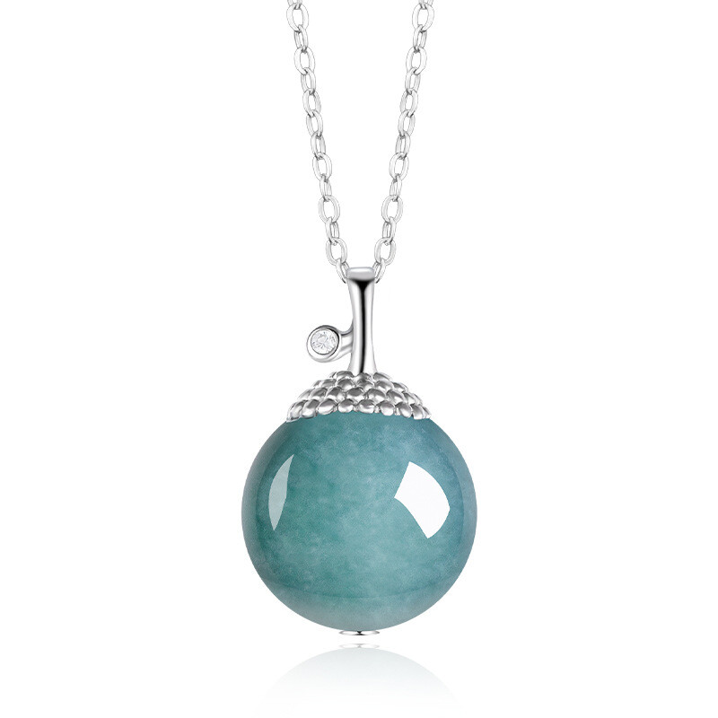 Pure S925 Sterling Silver Grade A Natural Blue Jade Jadeite Round Ball Pendant