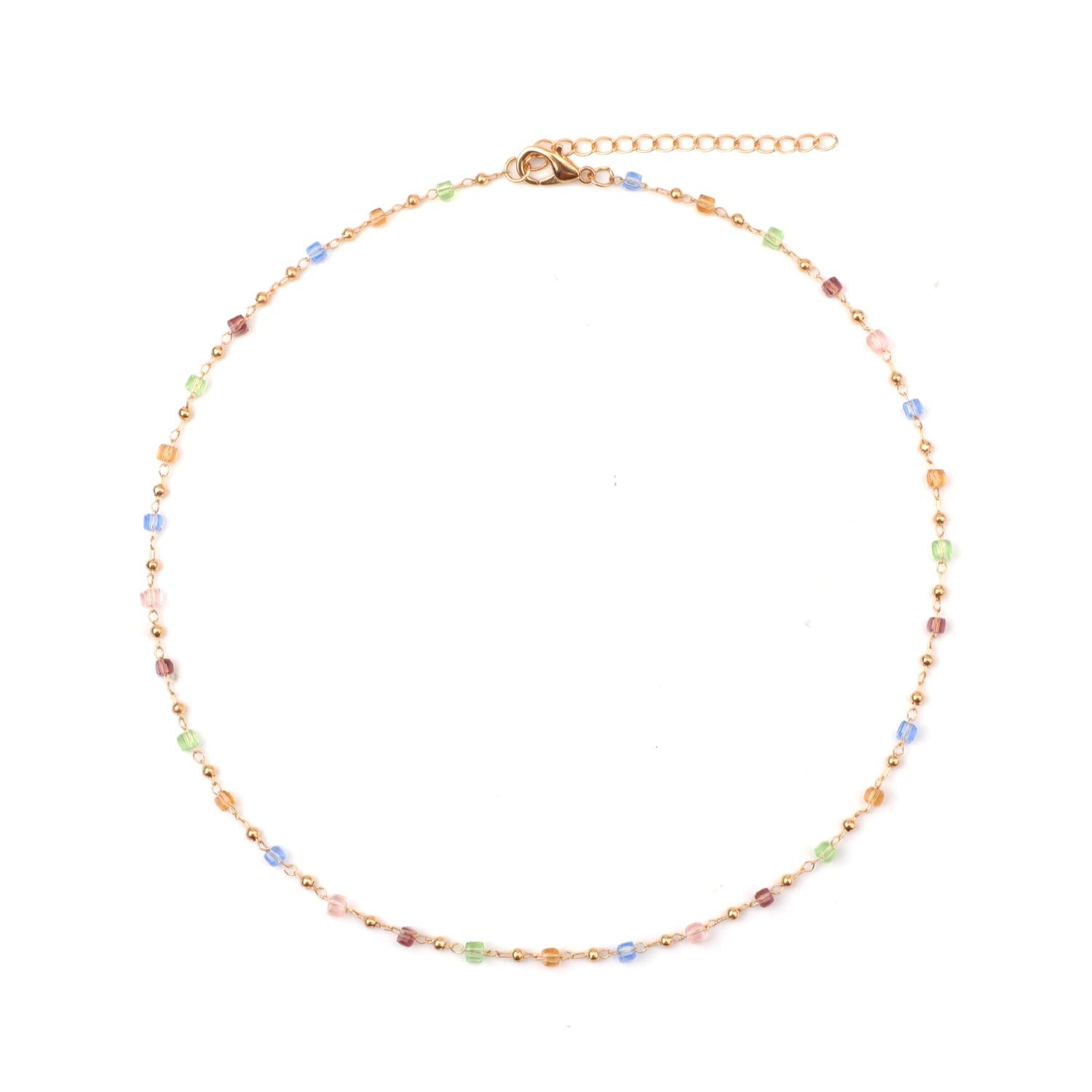 Multicolor Square Cubic Crystal Beaded Necklace, 38cm, Adult Women’s Coastal Str