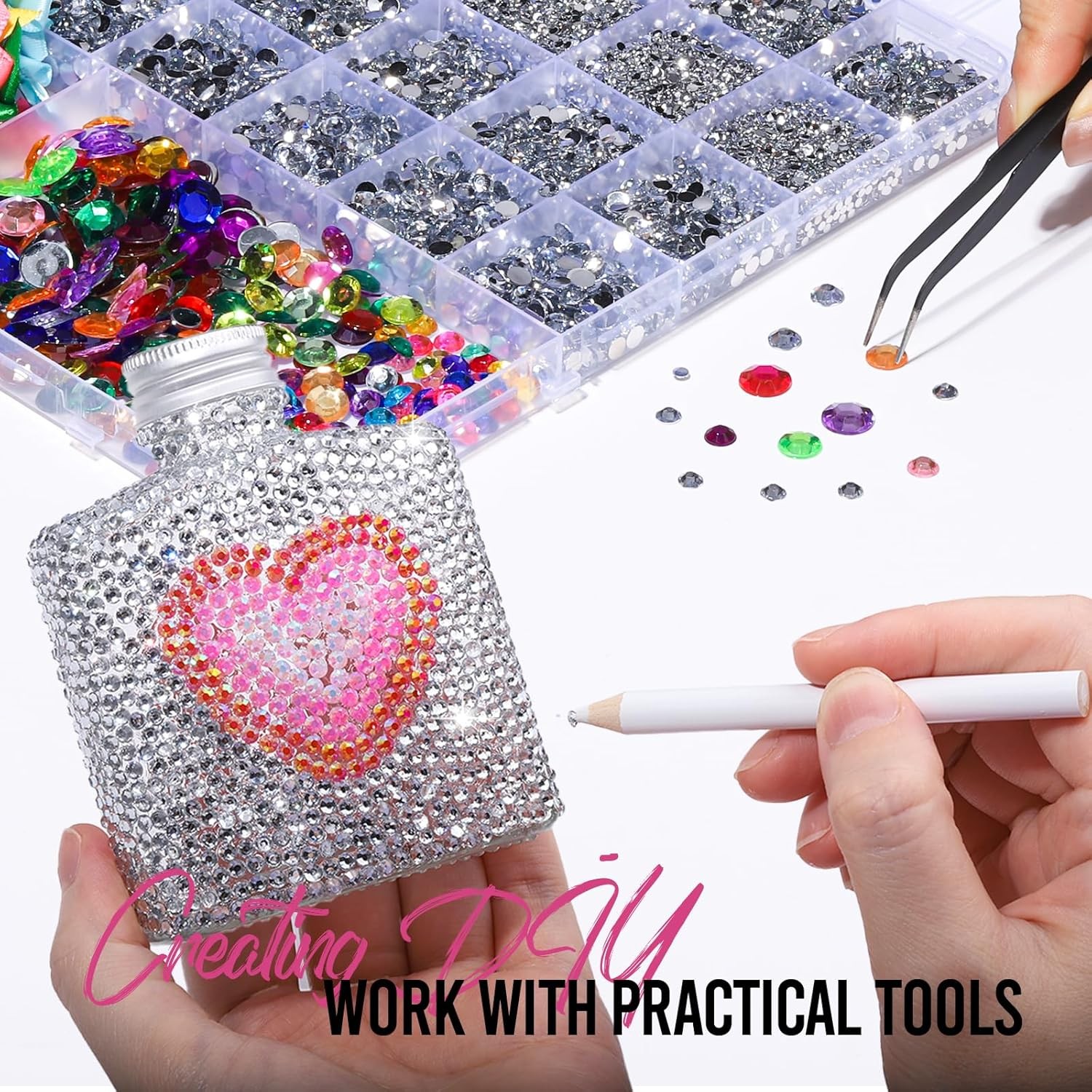 24000Pcs Silver Rhinestone Kit Flatback Gems for Crafts Nails DIY with Bows & To