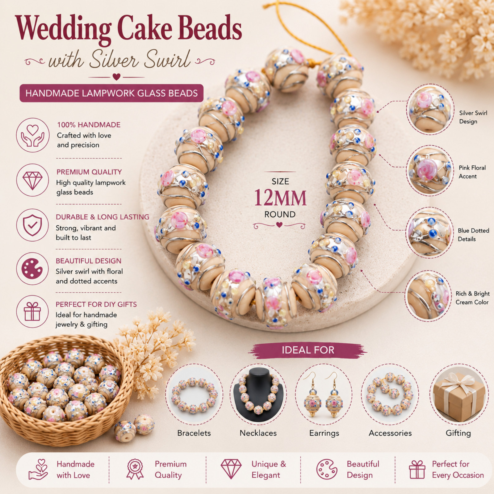 100 Pcs 12mm Wedding Cake Beads with silver swirls, Duty Paid Delivery
