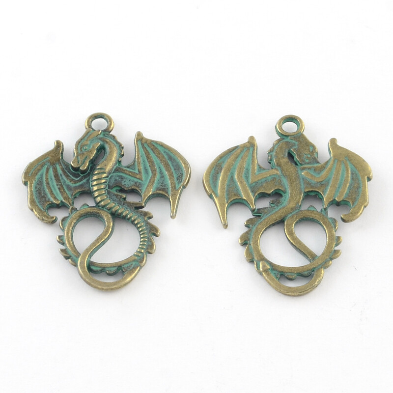 2 Large Dragon Pendants Antiqued BronzeFairy Tale Charm Medieval Green Patina