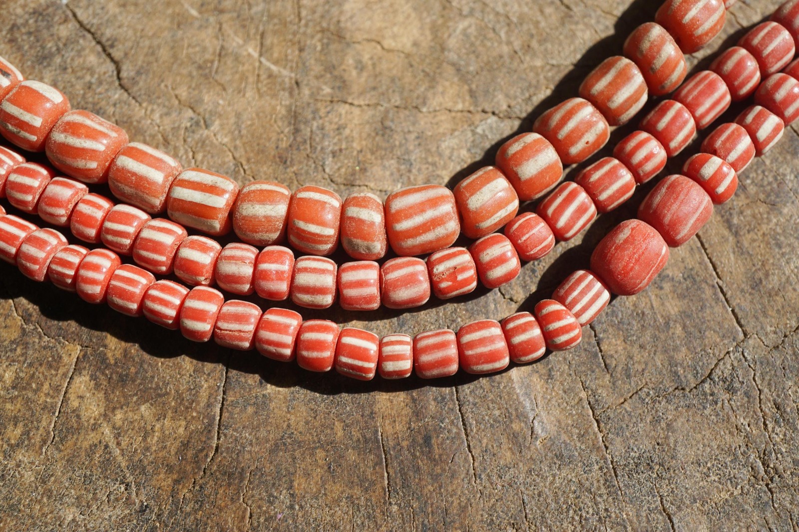 Artisan Made Java Glass Beads: Orange Red with White Stripes (5-6mm), 2898A378