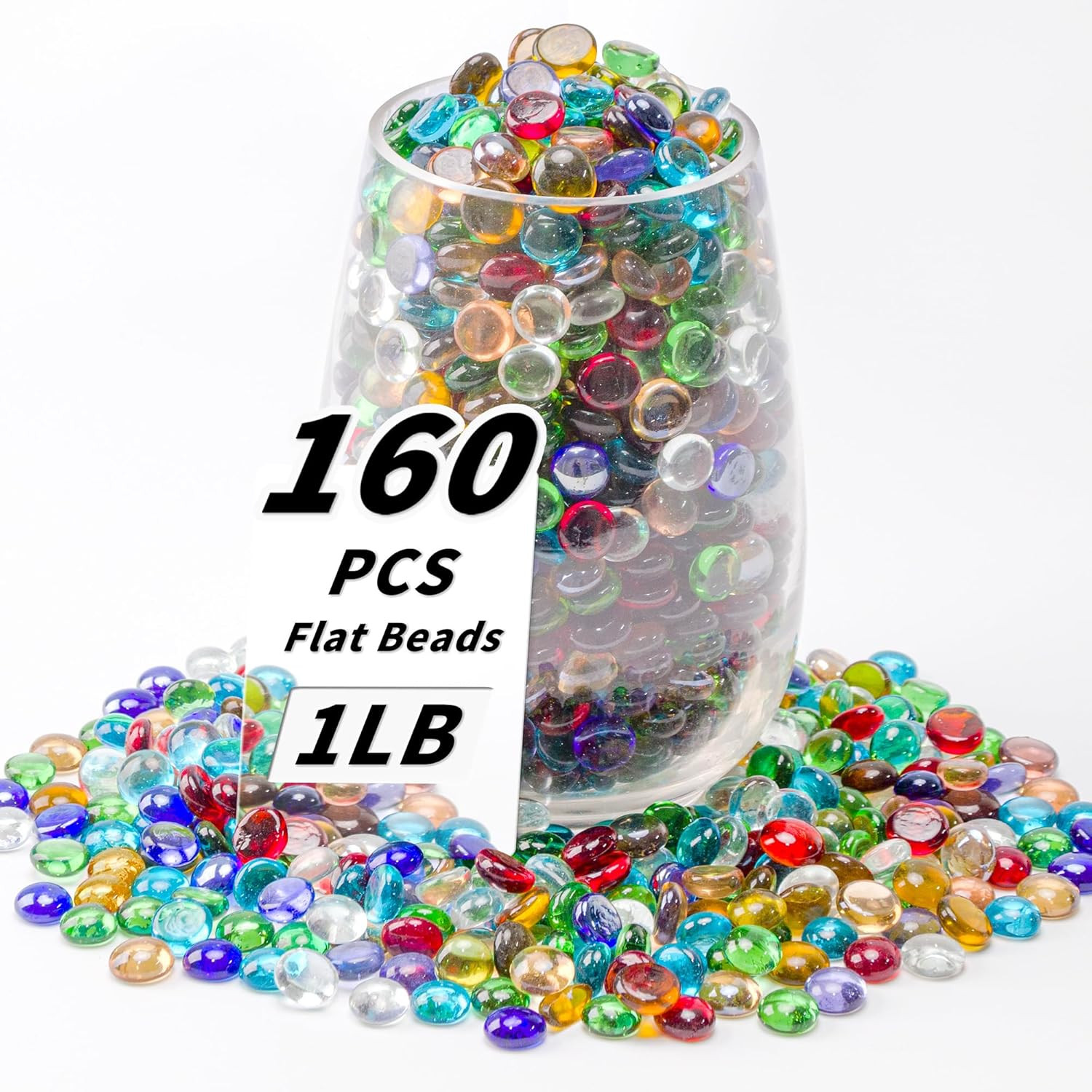 1 LB Mixed Color Flat Glass Beads, 160-180PCS Small Glass Marbles, Mini Flat Rou