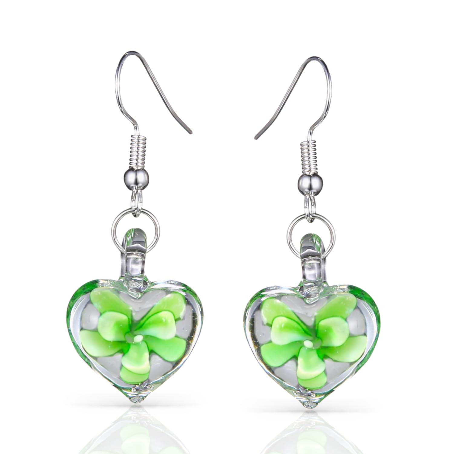 Handmade Murano Inspired Gorgeous Artist Made Green Heart Glass Earrings by Hand