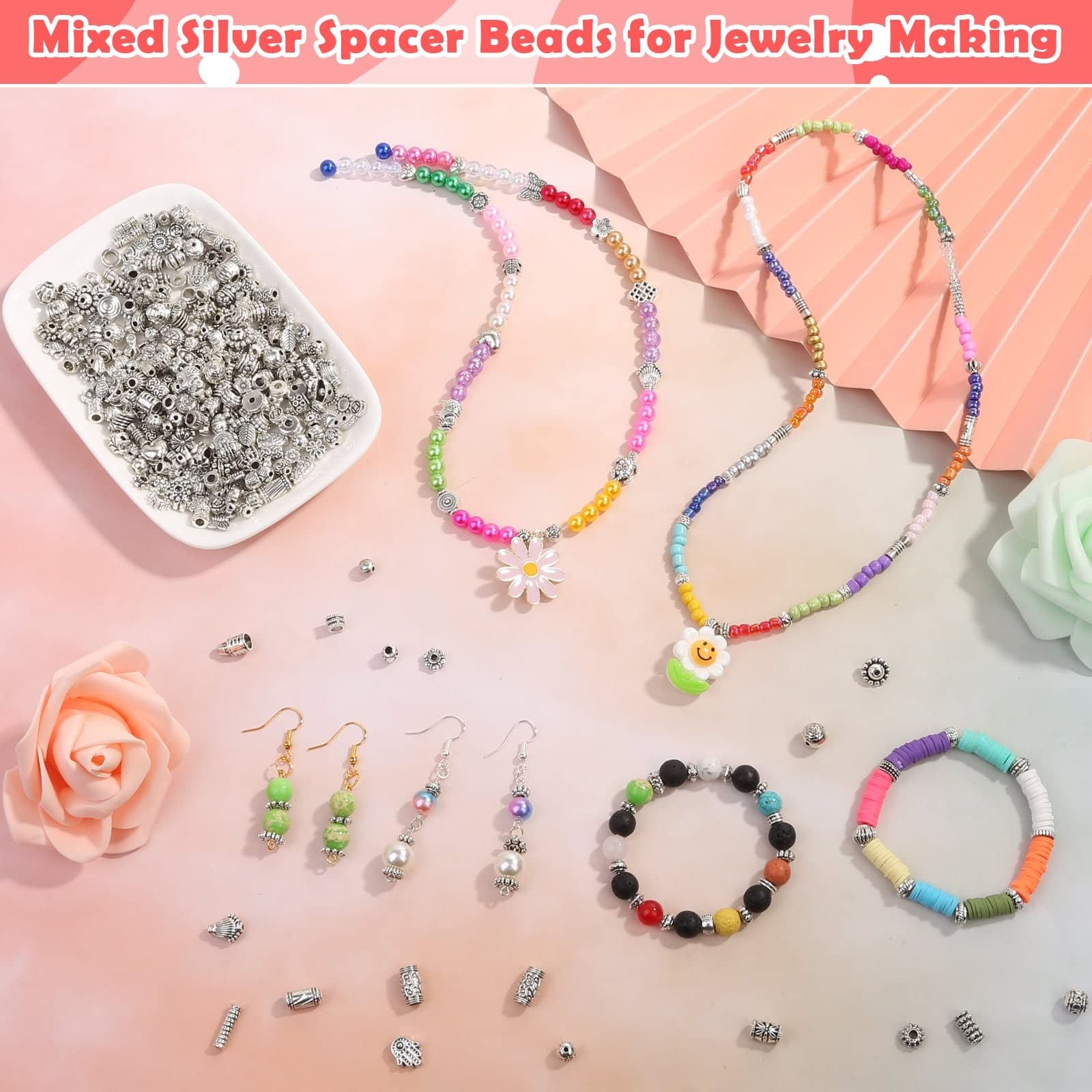 350 Pcs Silver Spacer Beads for Jewelry Making, Mixed Bulk Small, Silver1