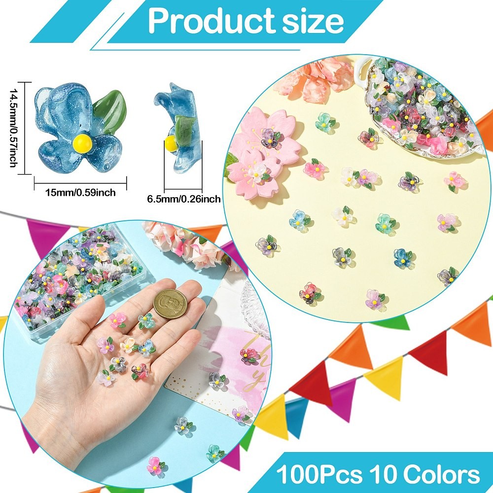 100pcs Transparent Resin Flower Cabochons with Glitter Powder for Crafts Phone