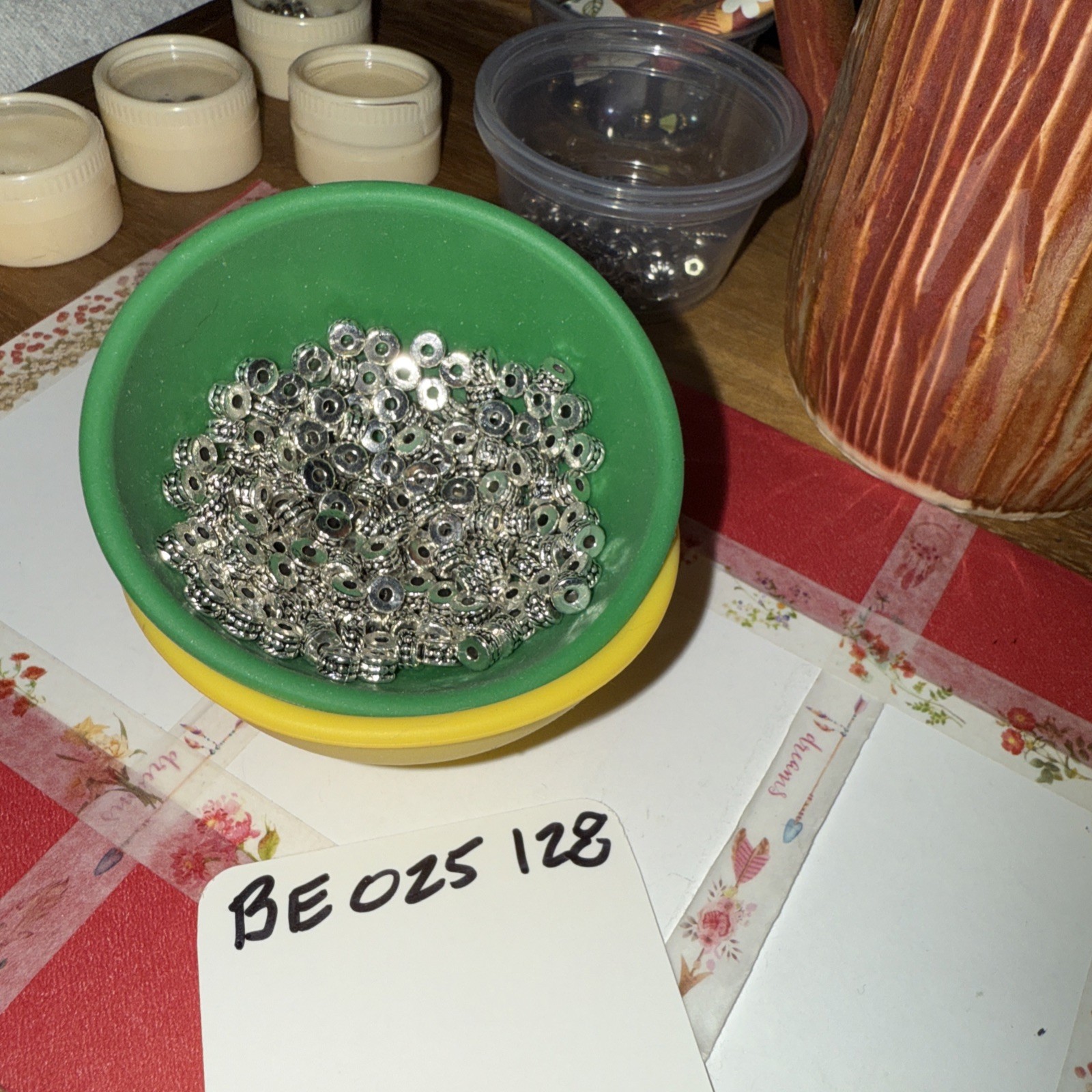 180(20” Strand) 5×3 Flat Round Pewter Beads Incised Design Czech Crystal Spacers