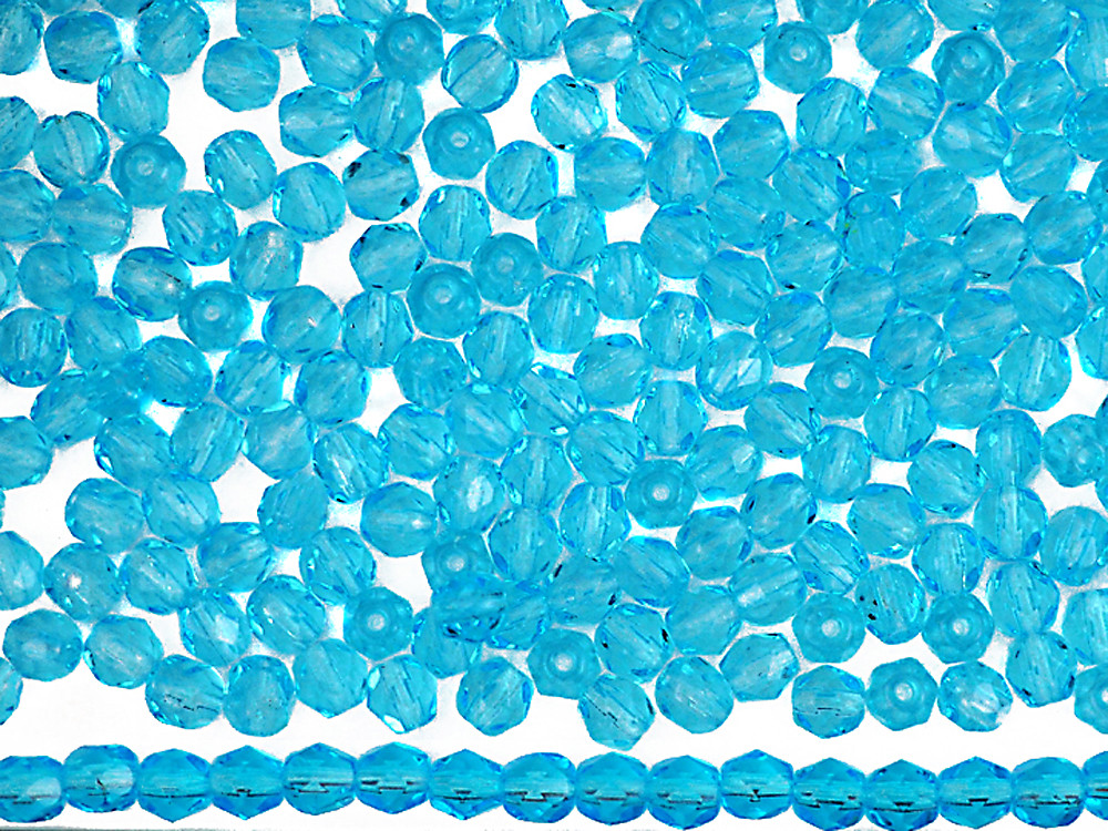 Czech Fire Polished Round Faceted Glass Beads in Aqua color 16” strand, lt.blue