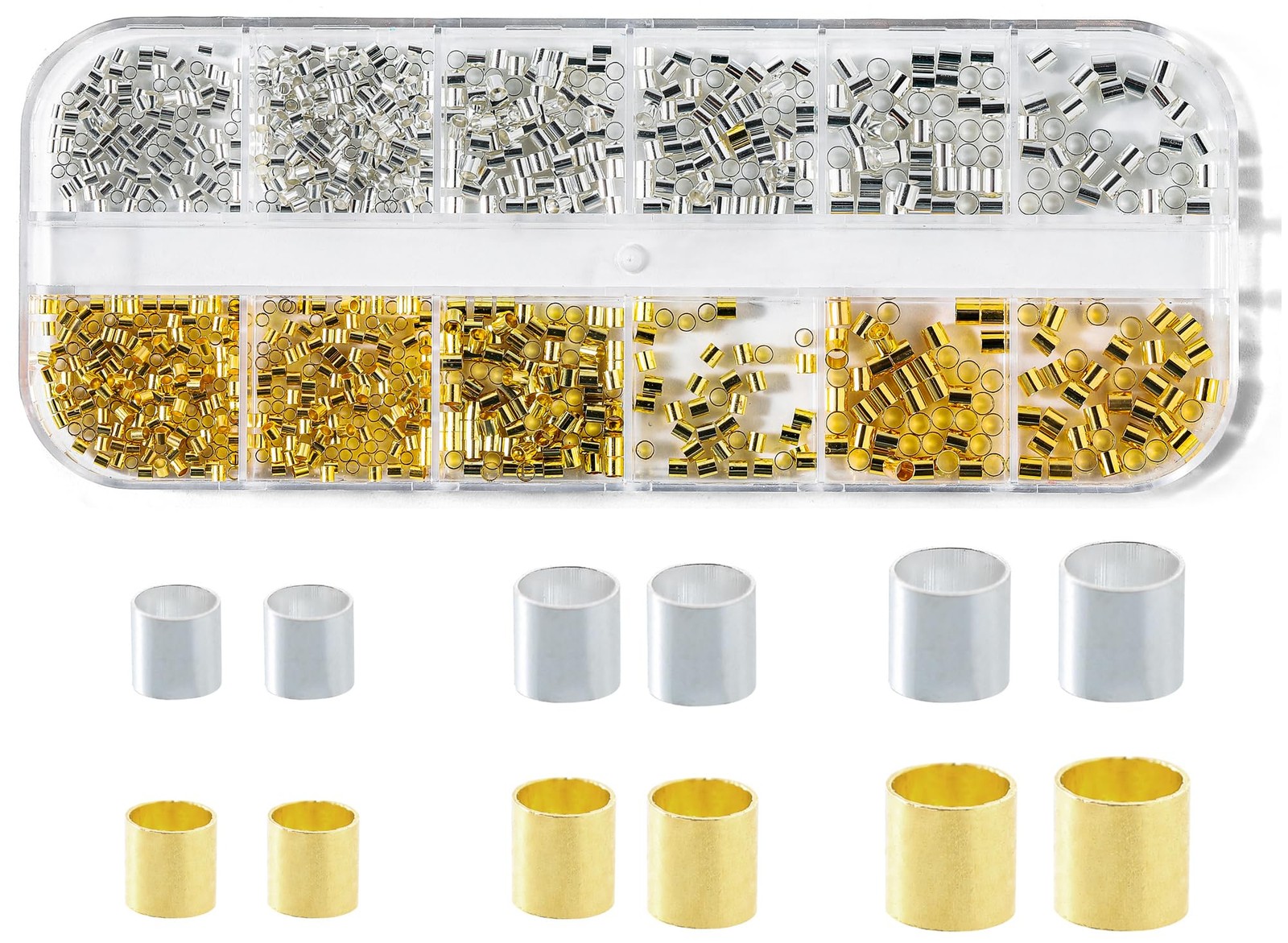 1050 Pcs Silver and Gold Crimp Beads for Jewelry Making, 1.5mm 2mm 2.5mm Crim…