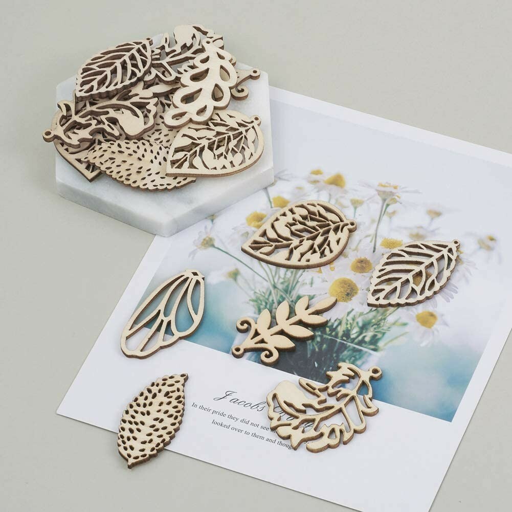 10 Large Wood Pendants Assorted Lot Leaf Charms Wings Boho Mixed Set 47mm
