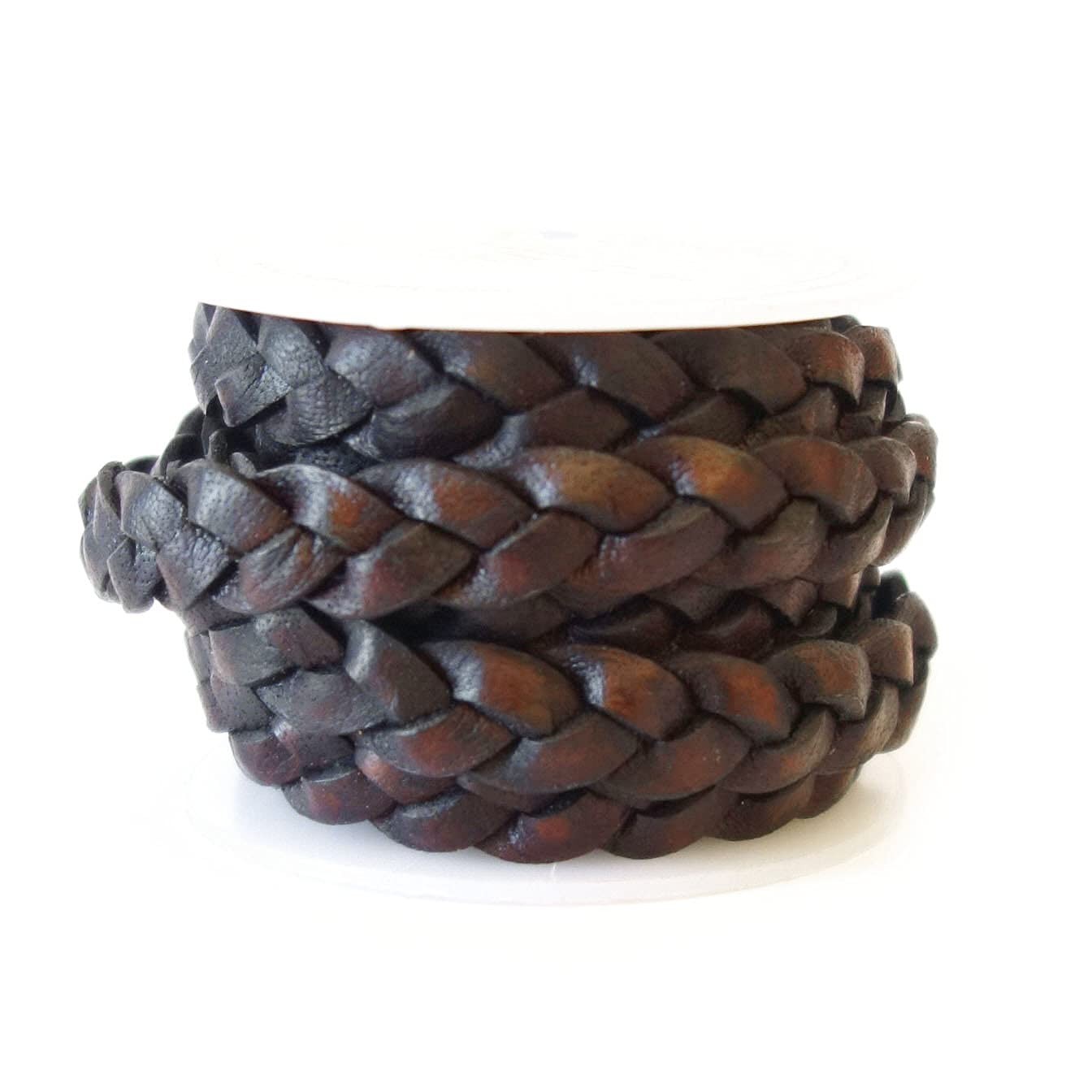 10mm Flat Braided Leather Cord Rope – 3 Ply, Genuine Vintage Dark Brown, 2m for