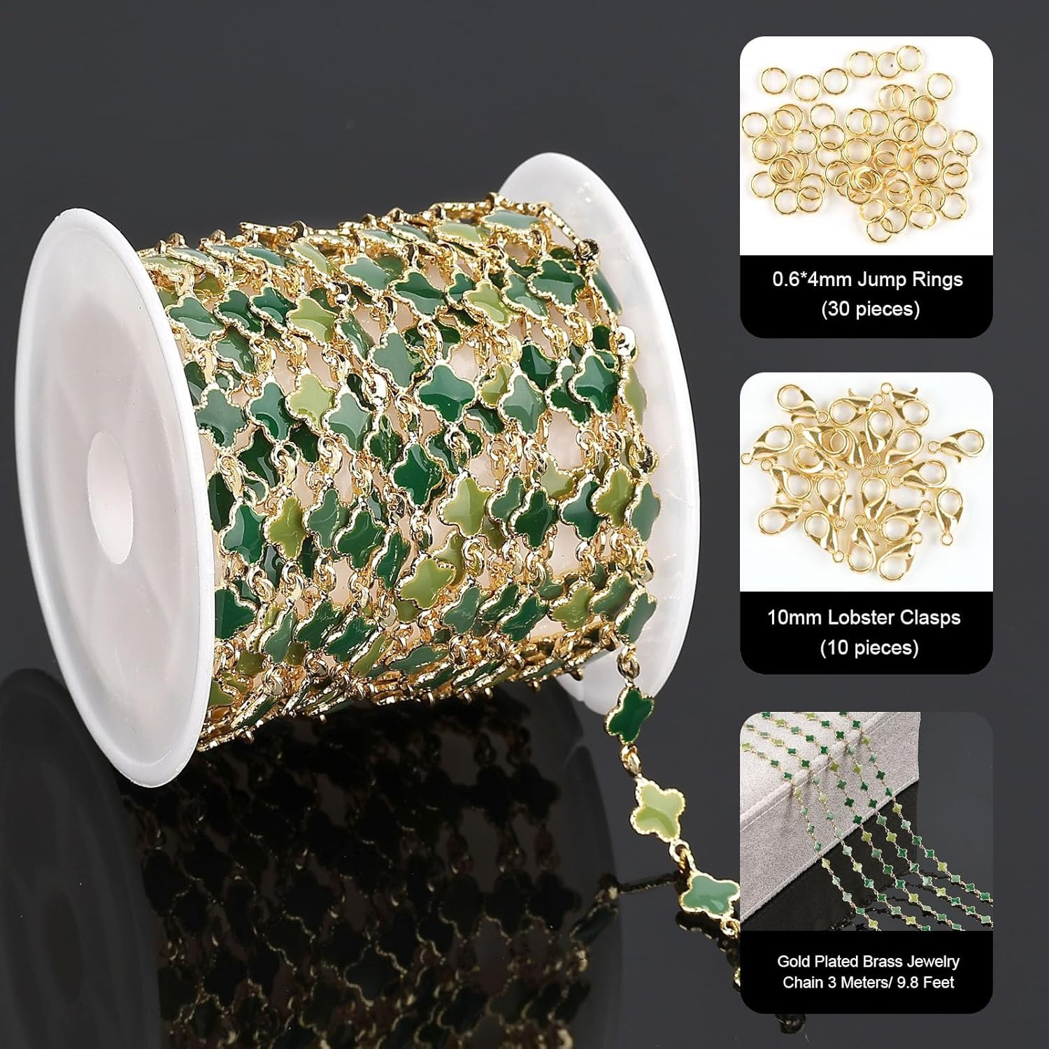 YOUBEIYEE 3 Meters Enamel Chain for Jewelry Making Green Oil Drip Four Leaf Clov