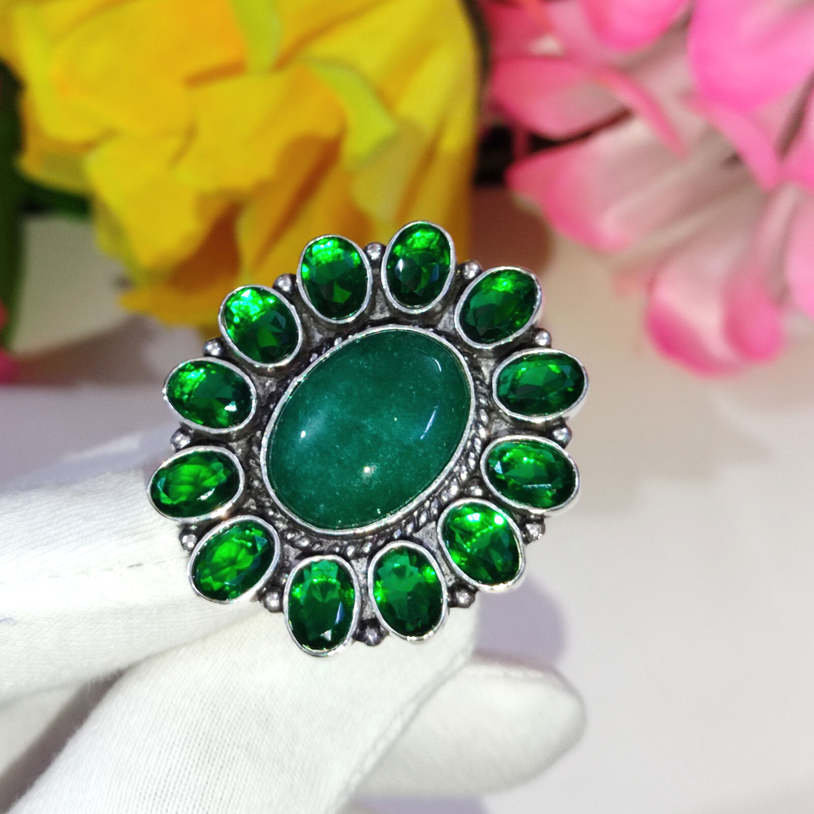 Chrome Diopside & Green Jade Gemstone 925 Sterling Silver Ring Size 6 US Gift