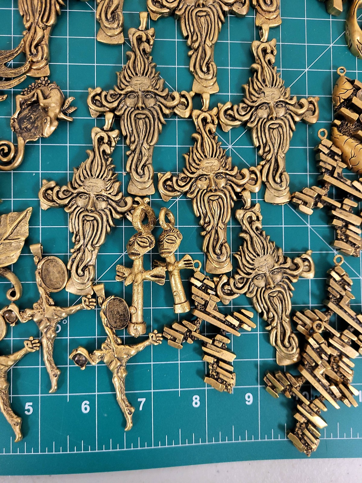 50+ Gold Tone Pendants Charms Lot Crosses Faces Leaves Eagle Jewelry Making