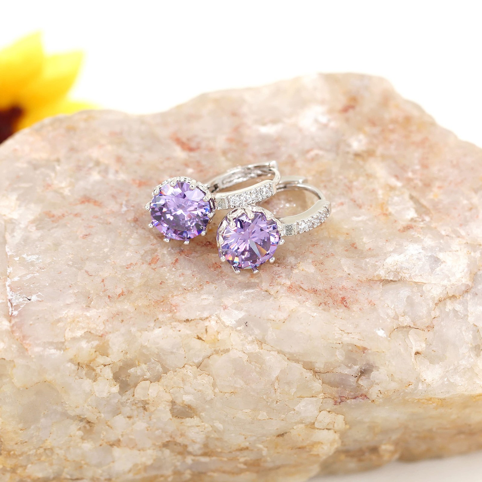 Platinum Plated Round CZ Lever Back Earrings Purple Crystal Birthstone Earrings