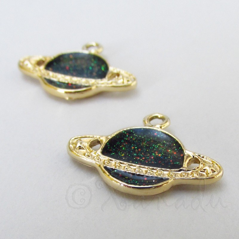 Planet Saturn 23mm Gold Plated Black Enamel Charms C8905 – 2, 5 Or 10PCs