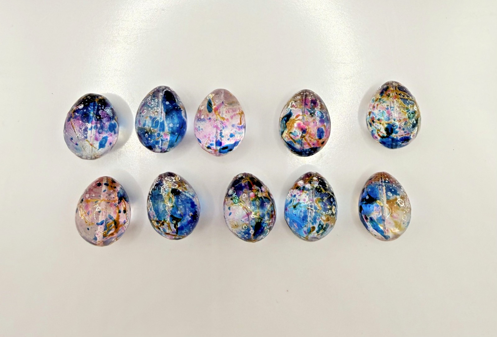 Blue Confetti Painted Glass 15mm x 11mm Egg Shaped (10 beads)