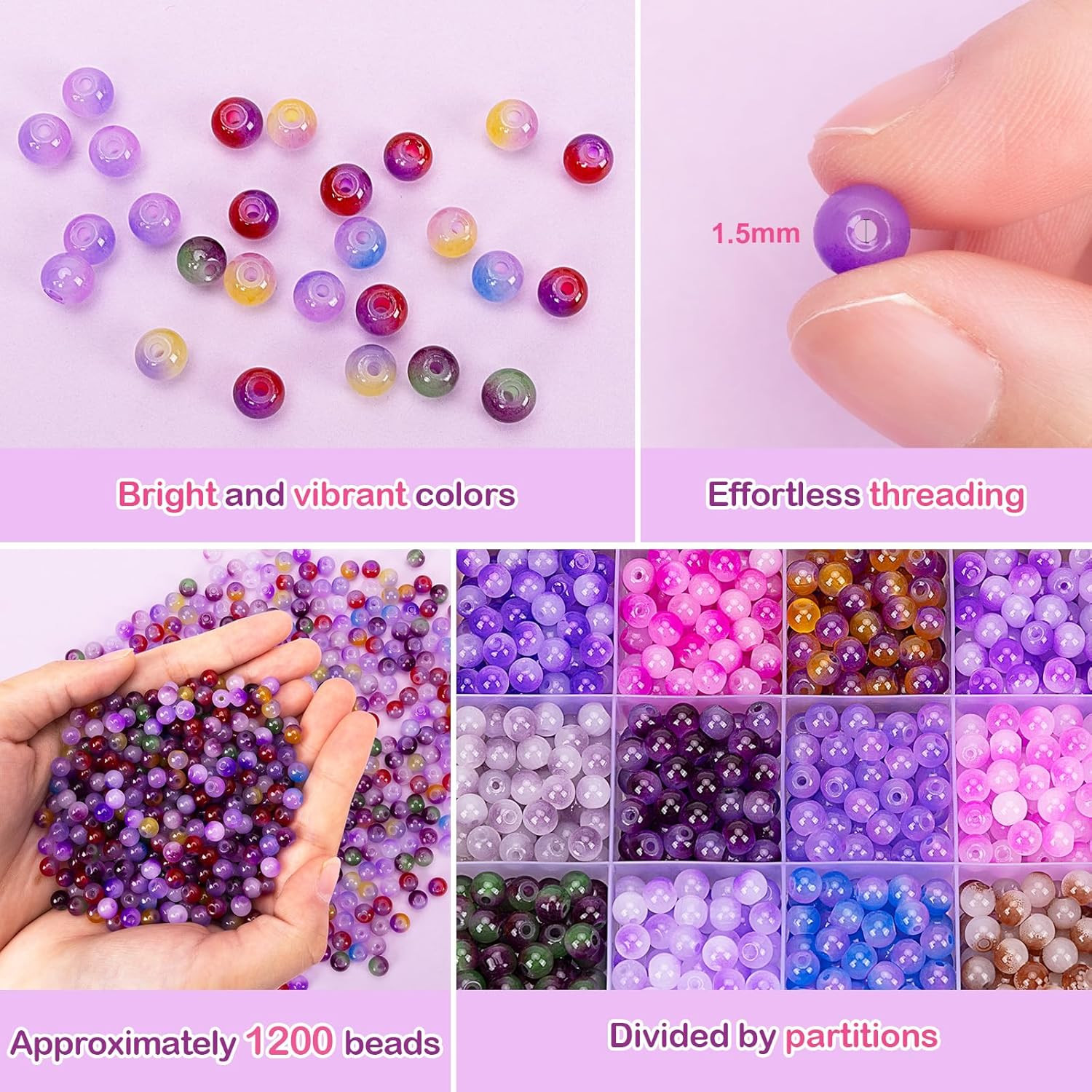 about 1200+ Pcs 6Mm Glass Beads Bracelet Making Kit, 24 Assorted Purple Bi-Color