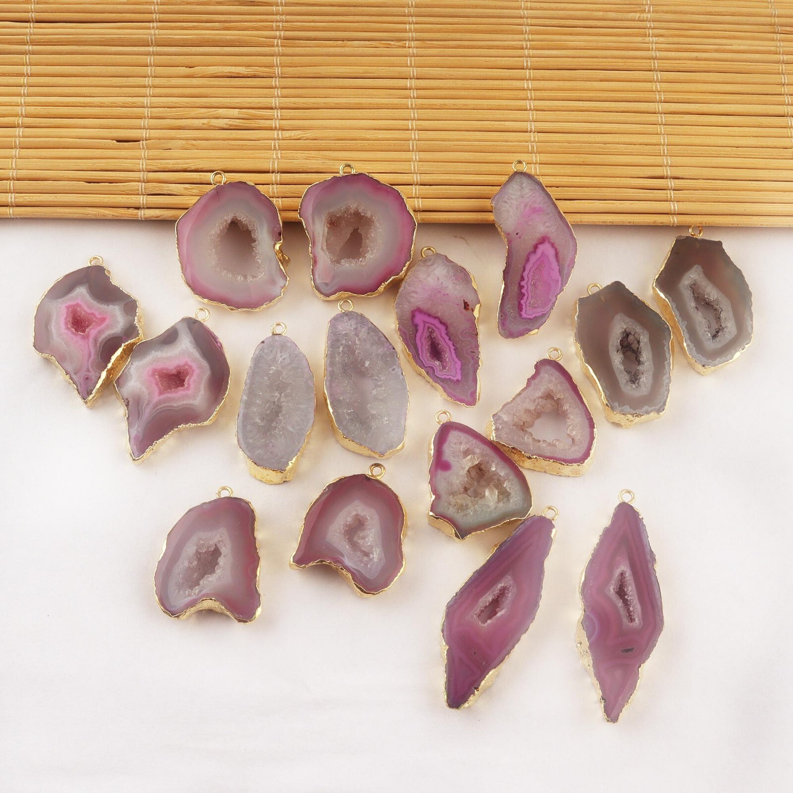 Real Geode Slice Gold Electroplated DIY Single Bail Charms Connectors 8 Pair Lot