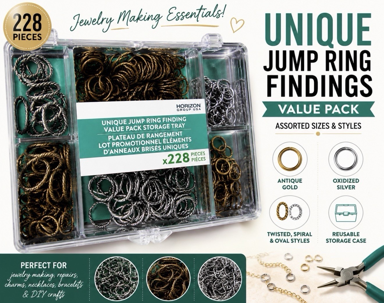 Unique Jump Ring Findings Value Pack 228pc Antique Gold & Silver Jewelry Kit