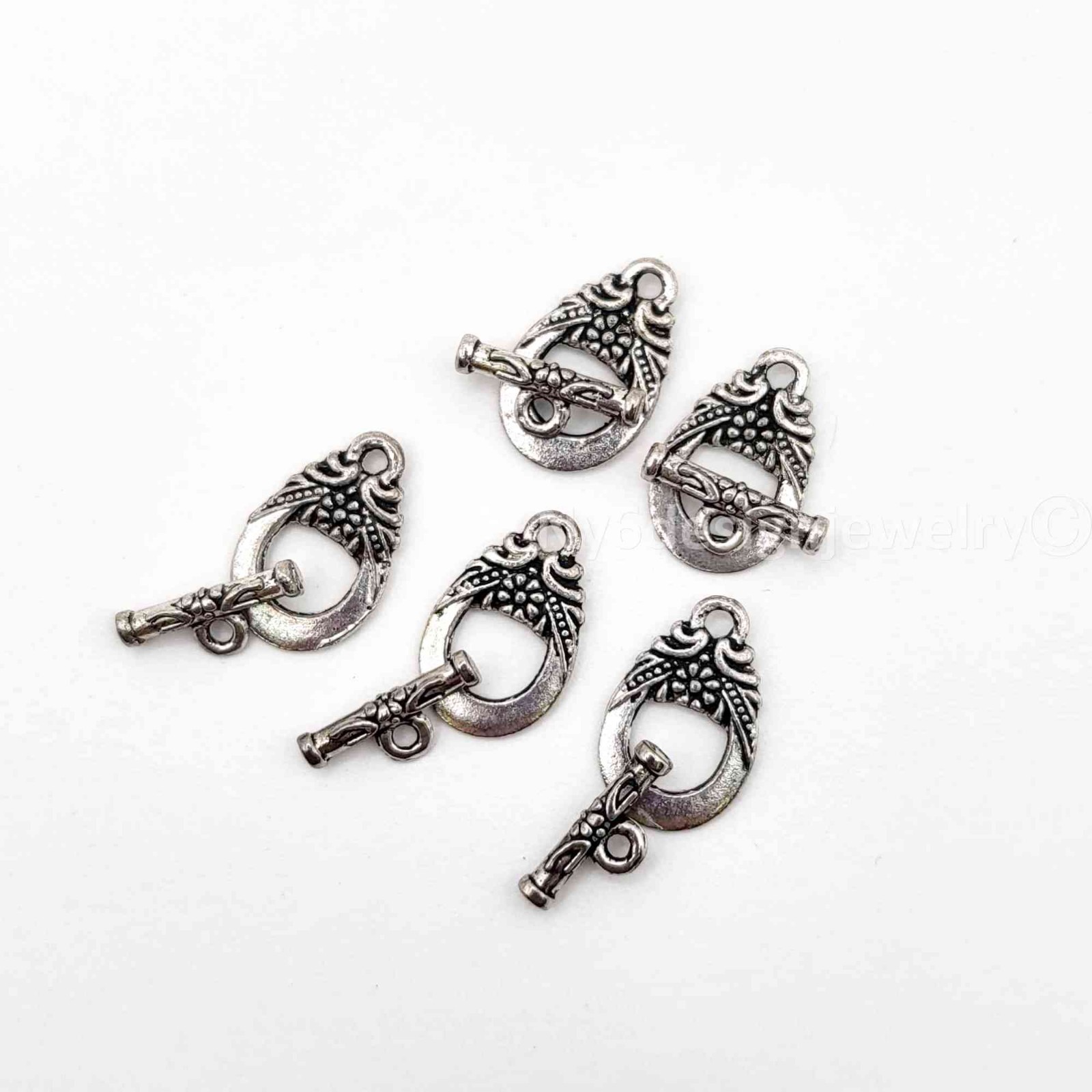Antique Silver Pewter Toggle Clasps Oval Flower Connector 11x15mm 5 Sets