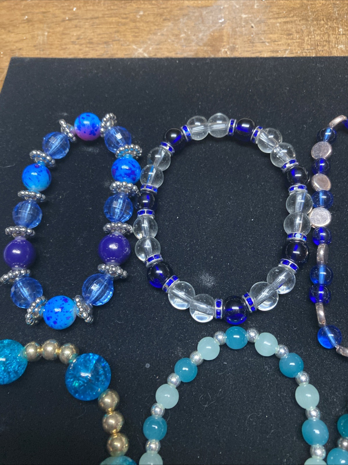 Handmade Glass Beads & Acrylic Bracelets, Lot Of 12 Blue Colors, Stretch Cord.