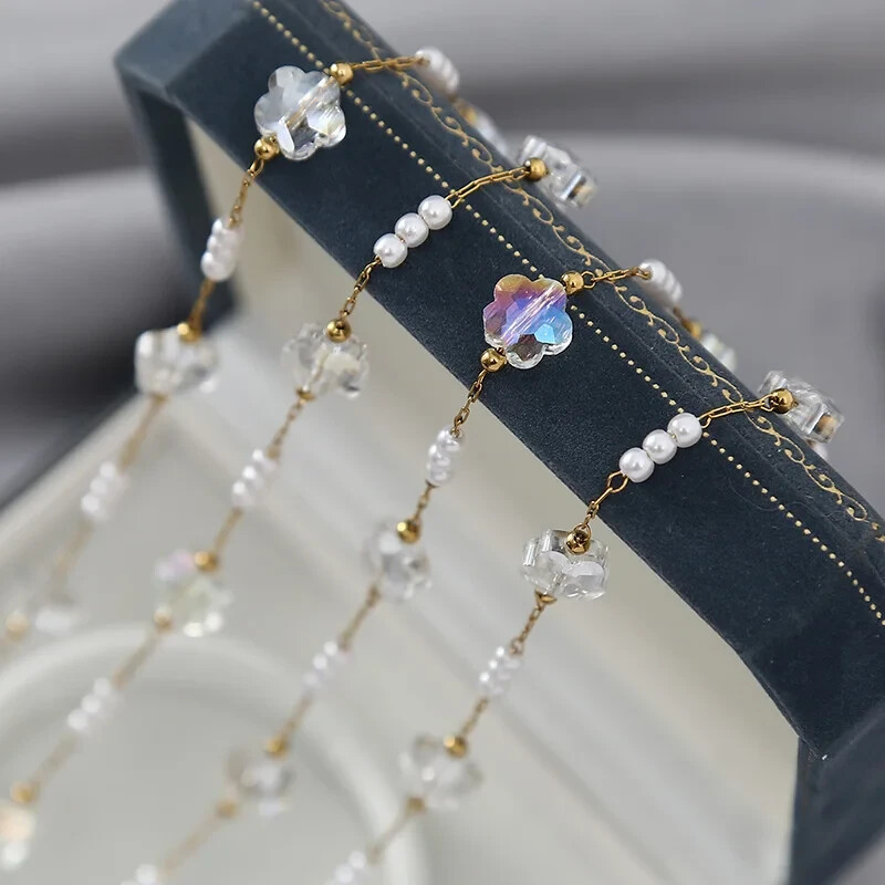 1meter Gold Plated Crystal Beads Stainless Steel Chains Charm Flower Chain