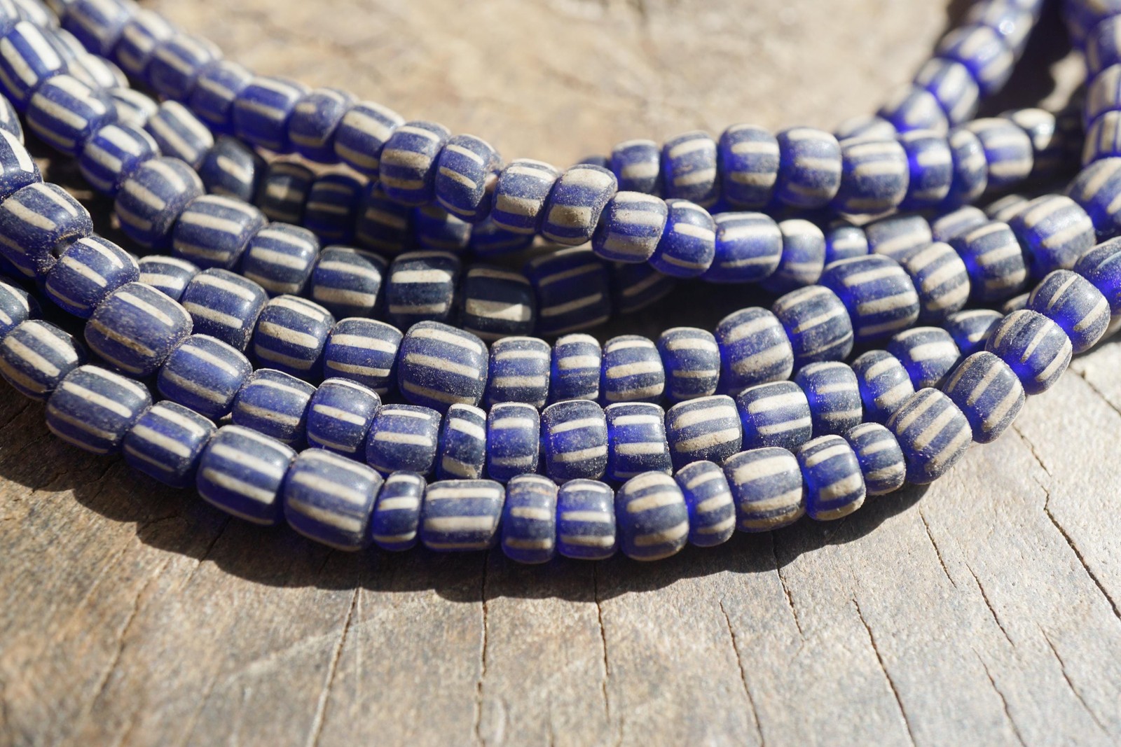 Artisan Made Java Glass Beads: Dark Blue with White Stripes (5-6mm), 2896A378