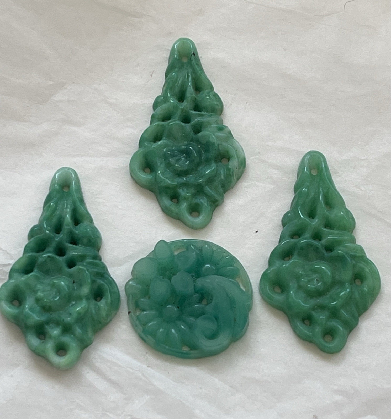 Lot-4 Vintg Green Craved Unknown Green Glass/Resin Flora Pendant Jewelry Making