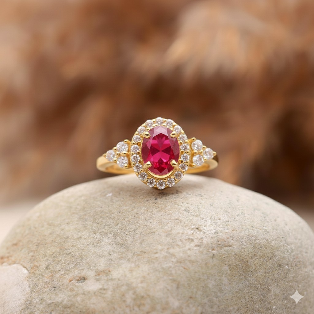 Ruby Moissanite Halo Ring | 925 Sterling Silver | Oval Red Ruby Engagement Ring