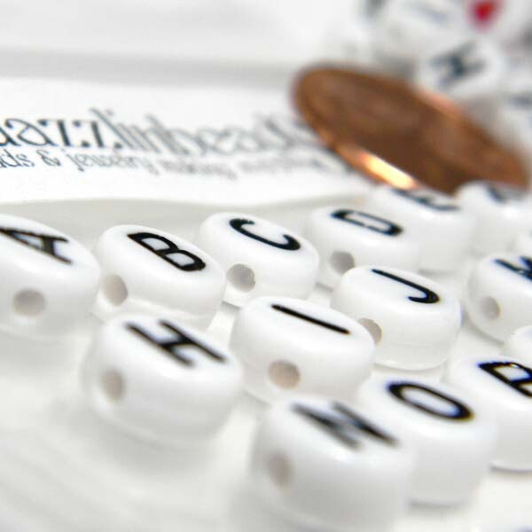 50 Black & White 7mm Round x 4mm Plastic Acrylic Disc Coin Alphabet Letter Beads