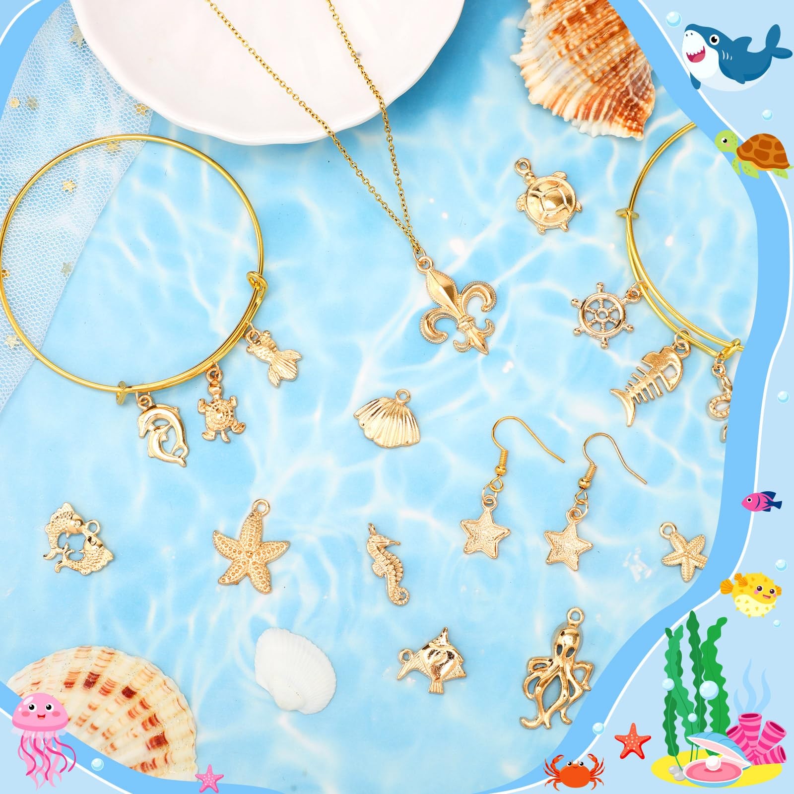 120 PCS Summer Beach Charms for Jewelry Making, Assorted KC Gold Ocean Life Sea