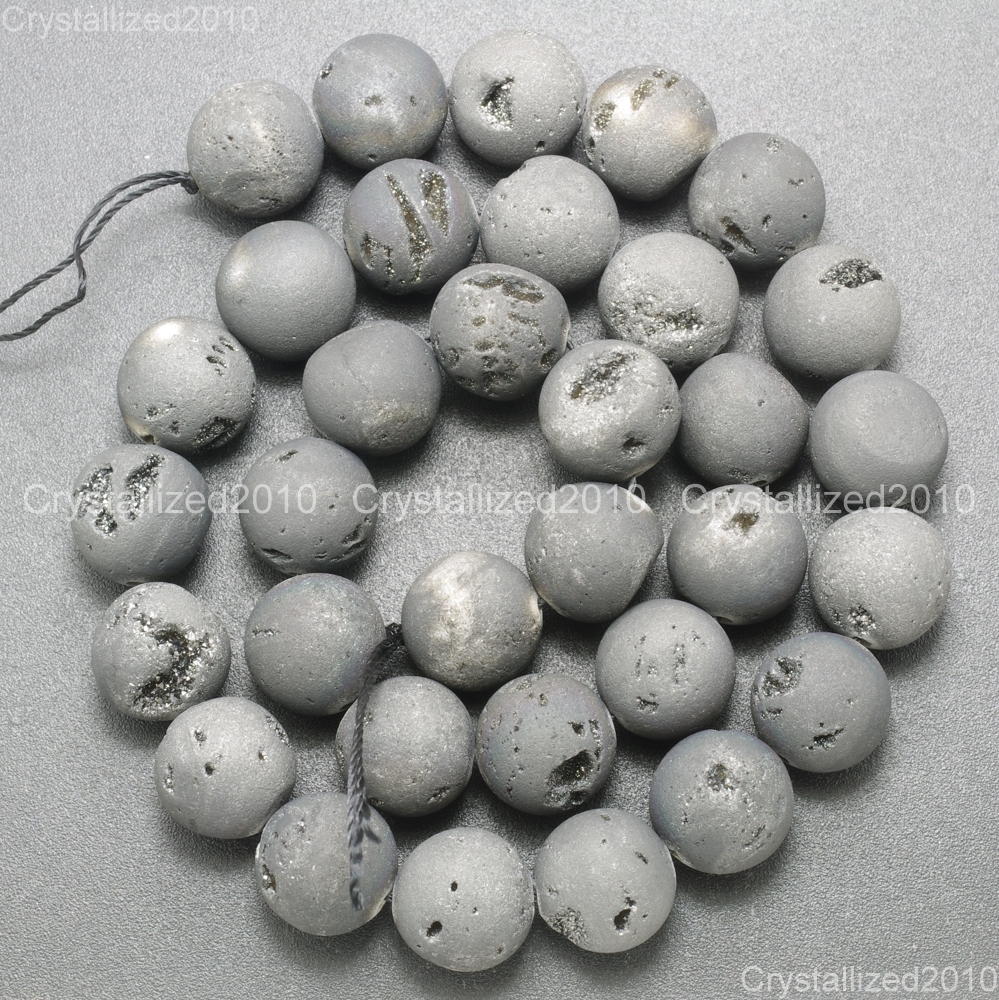 Metallic Titanium Coated Druzy Quartz Agate Gemstones Round Beads 8mm 10mm 15″