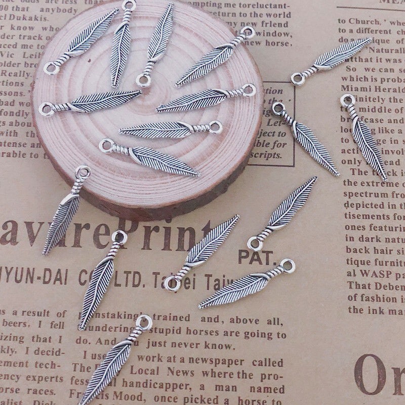6 pieces New FEATHER Charm Tibetan Silver Alloy Large 28 x 5 mm FREE SHIPPING!