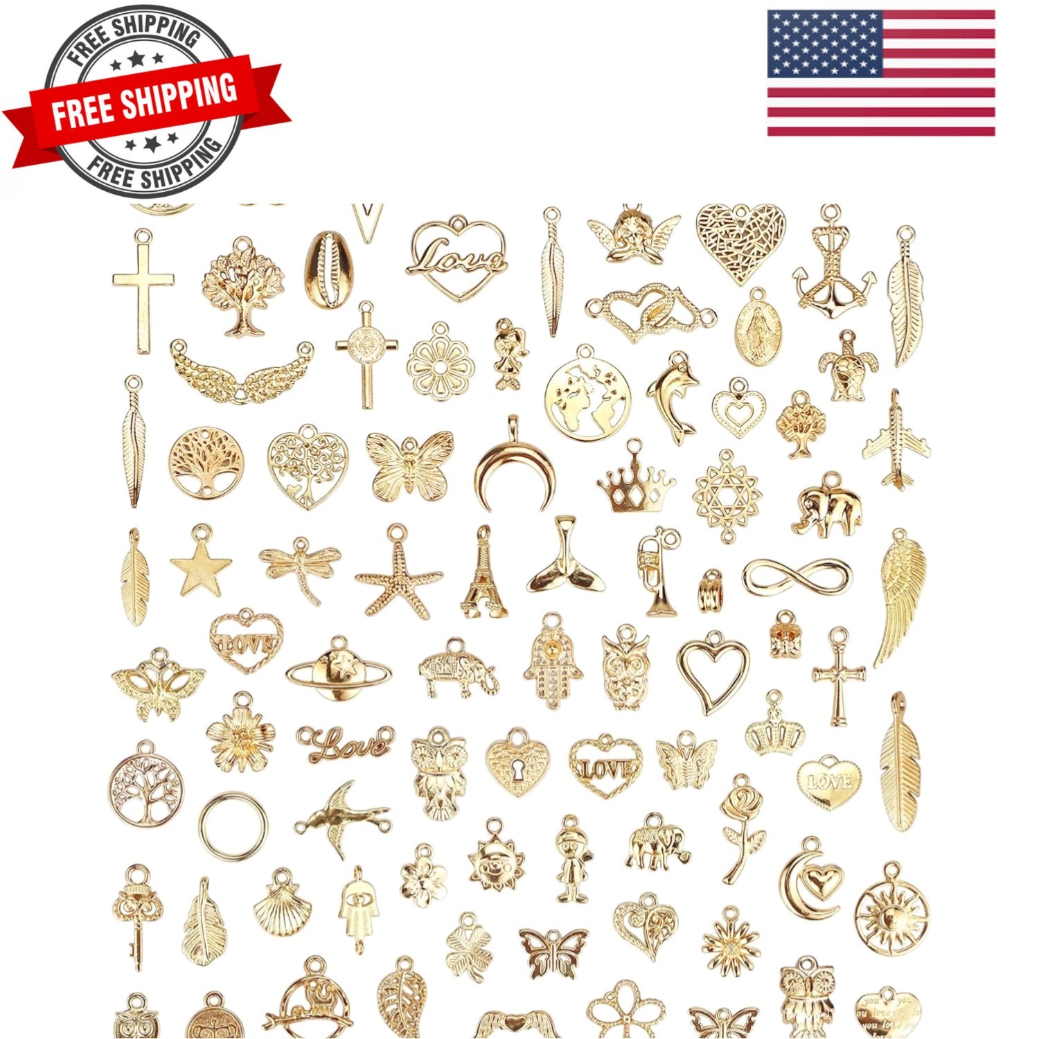 100 Pcs Wholesale Bulk Lots Jewelry Making Charms, Mixed Golden KC Gold Alloy…