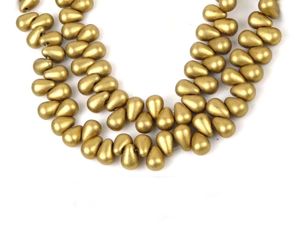 50 Czech Glass Teardrop Beads – Matte Metallic Flax Gold 6x4mm