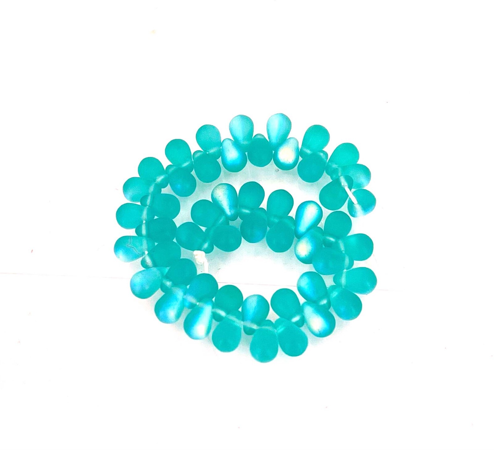 50 Czech Frosted Sea Glass Teardrop Beads -Matte – Teal AB moonstone
