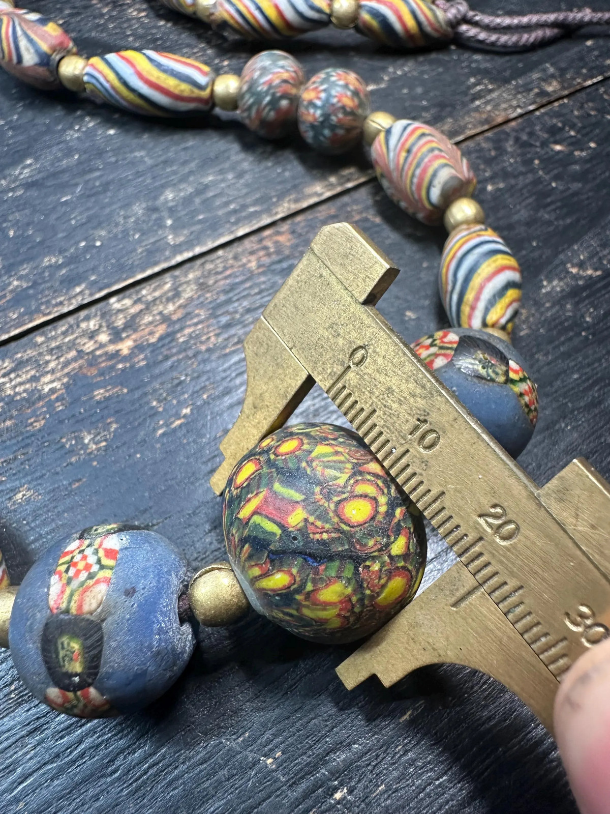 African Krobo Glass Bead Necklace 25” – Striped Powder Glass Beads & Millefiori