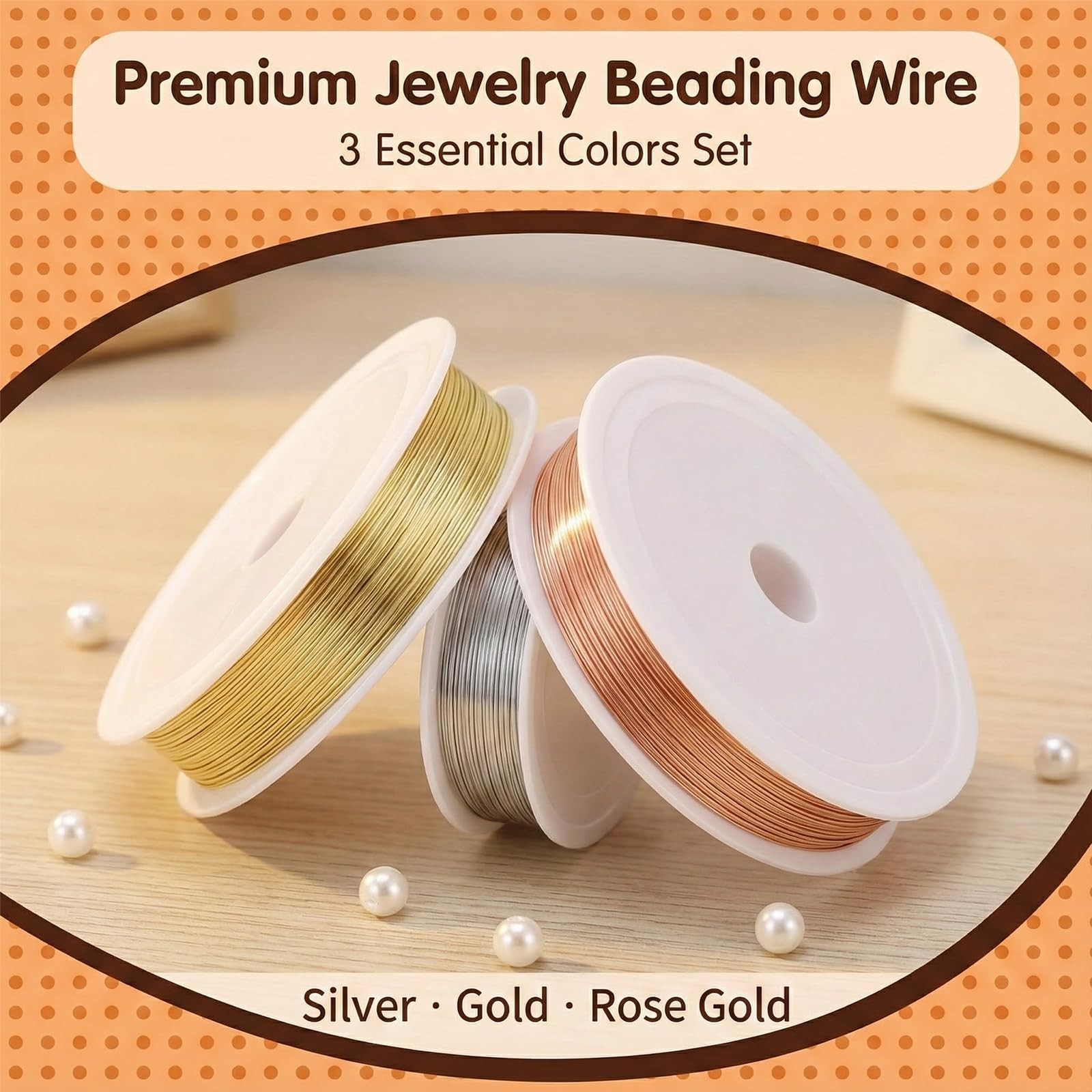 3 Rolls Jewelry Beading Wire, 0.2mm x 25m/82ft, Gold, Silver, Copper